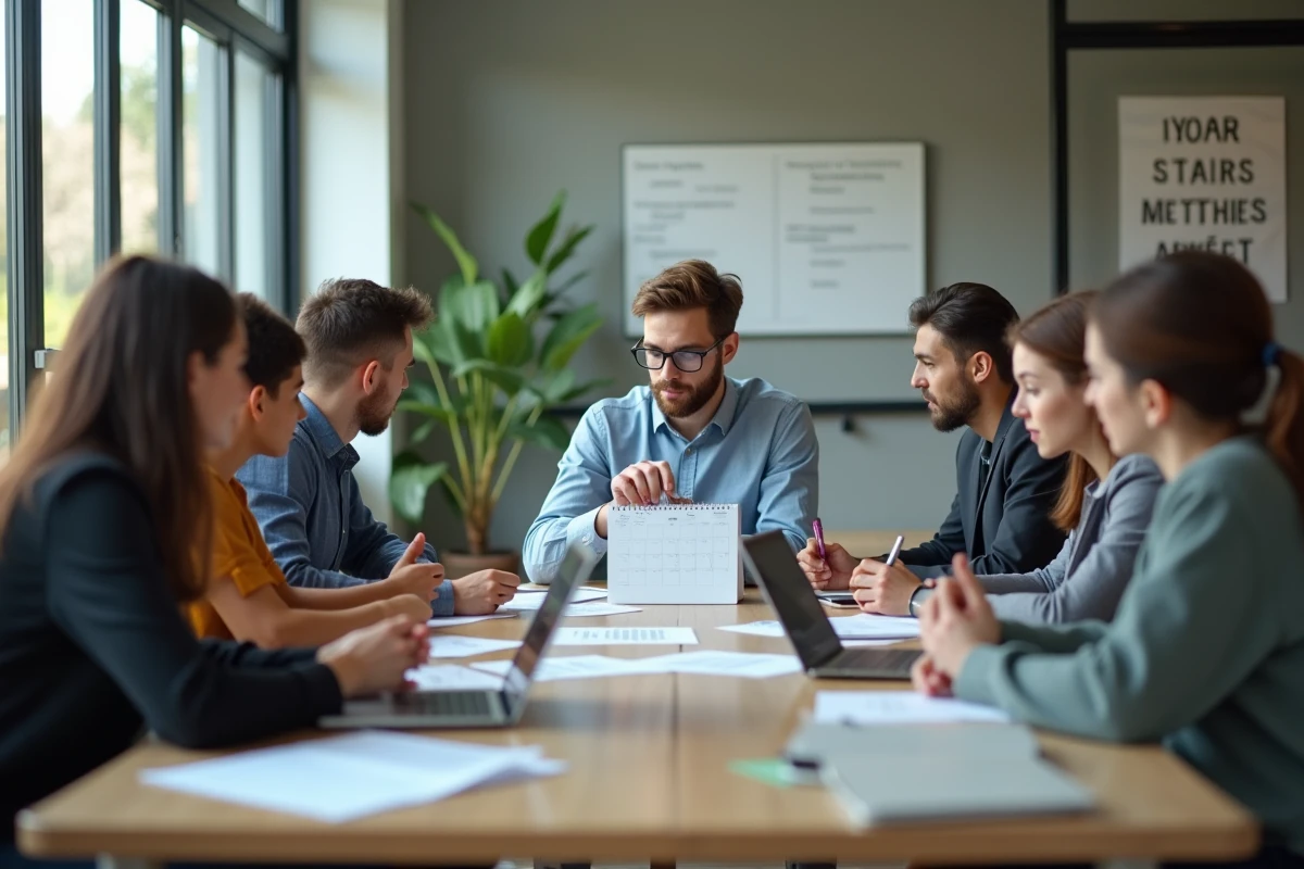 Conseiller scolaire en réunion avec enseignants dans une salle moderne