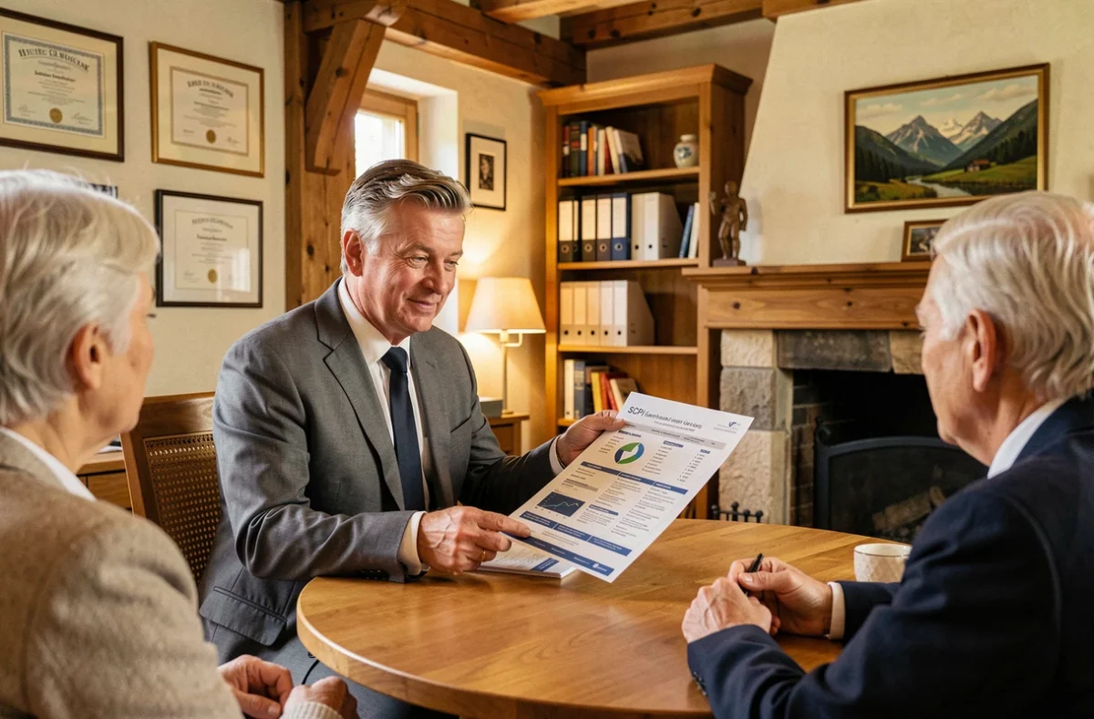 Conseiller en SCPI et pierre-papier basé en Haute-Savoie présentant un portefeuille d'investissement à des clients