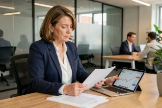 Conseillère en gestion de patrimoine analysant des documents de comparatif SCPI dans un bureau moderne