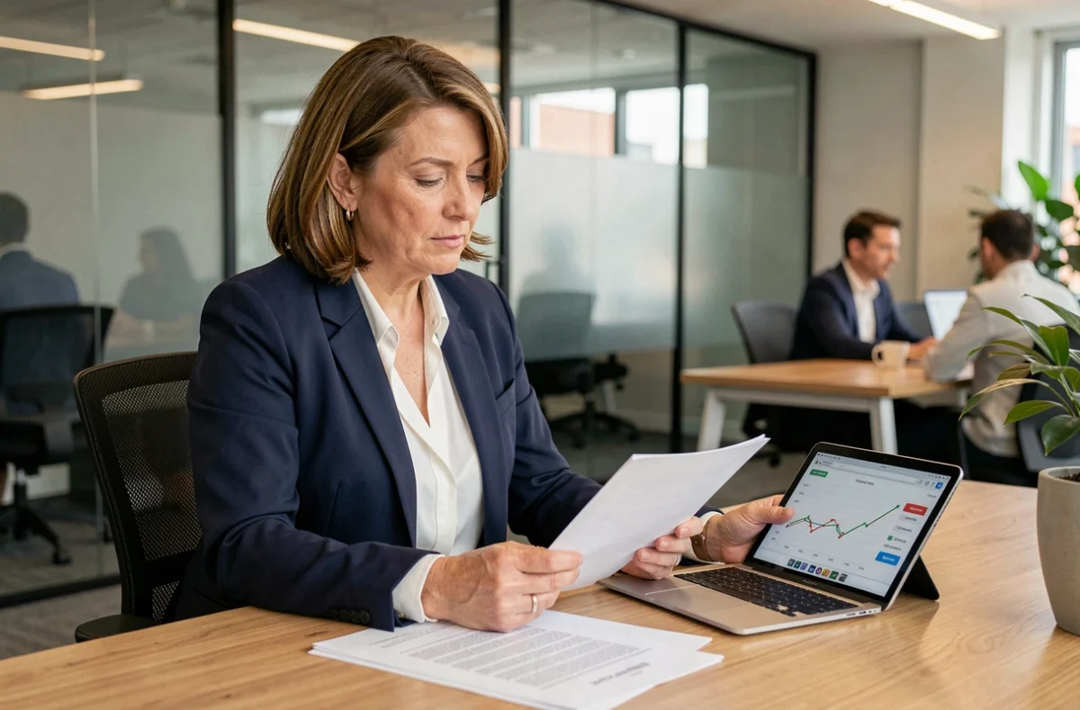Conseillère en gestion de patrimoine analysant des documents de comparatif SCPI dans un bureau moderne