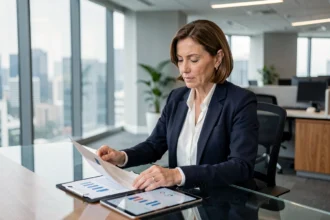 Conseillère bancaire en blazer marine analysant des documents de SCPI sur une tablette dans un bureau moderne