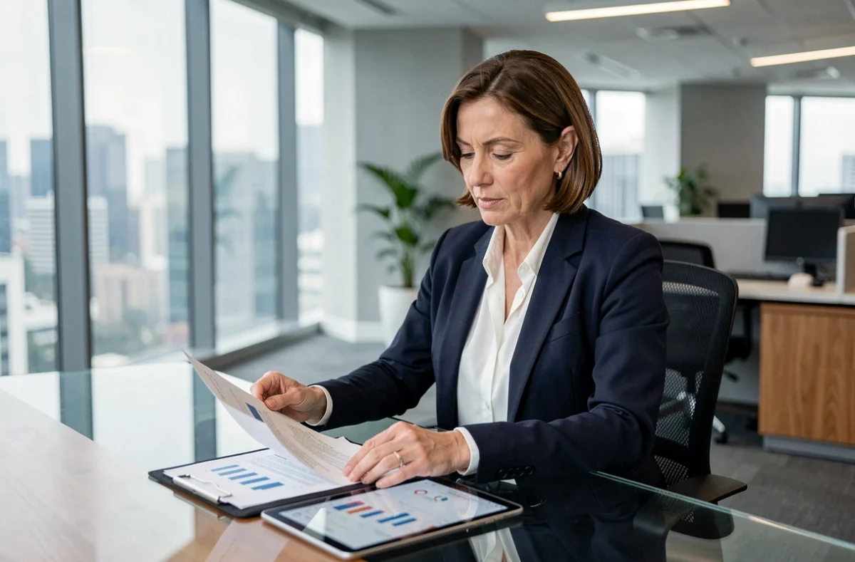 Conseillère bancaire en blazer marine analysant des documents de SCPI sur une tablette dans un bureau moderne