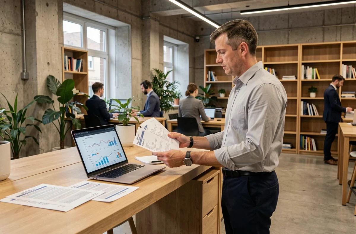 Homme consultant les statistiques de salaire moyen en France sur laptop