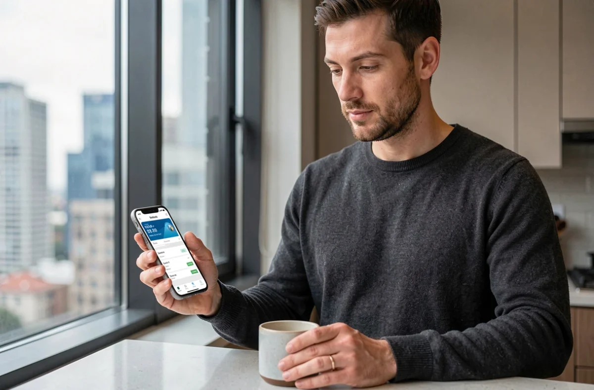 Homme consultant l'application mobile La Banque Postale pour vérifier les délais et dates de valeur d'une opération bancaire