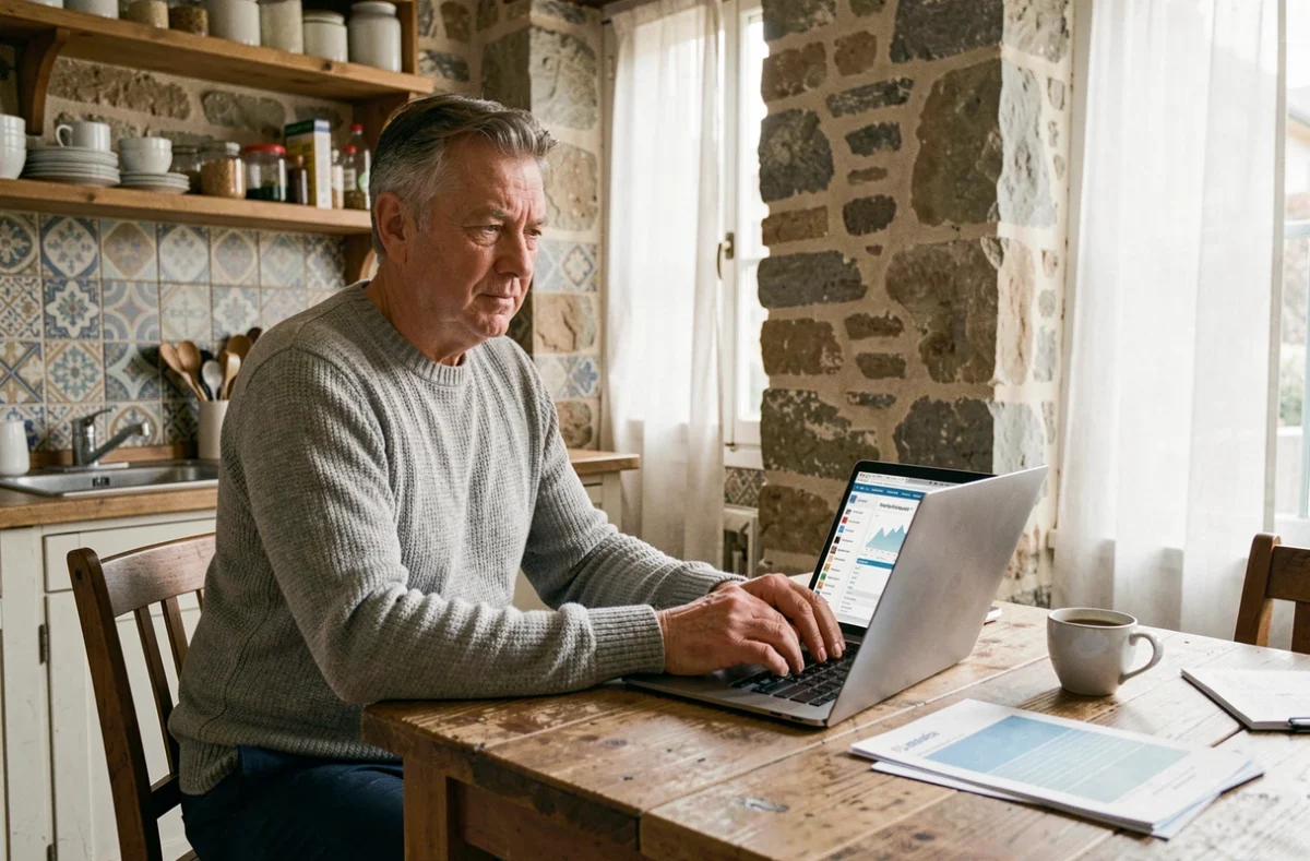 Homme consultant des avis sur les SCPI françaises depuis son appartement parisien