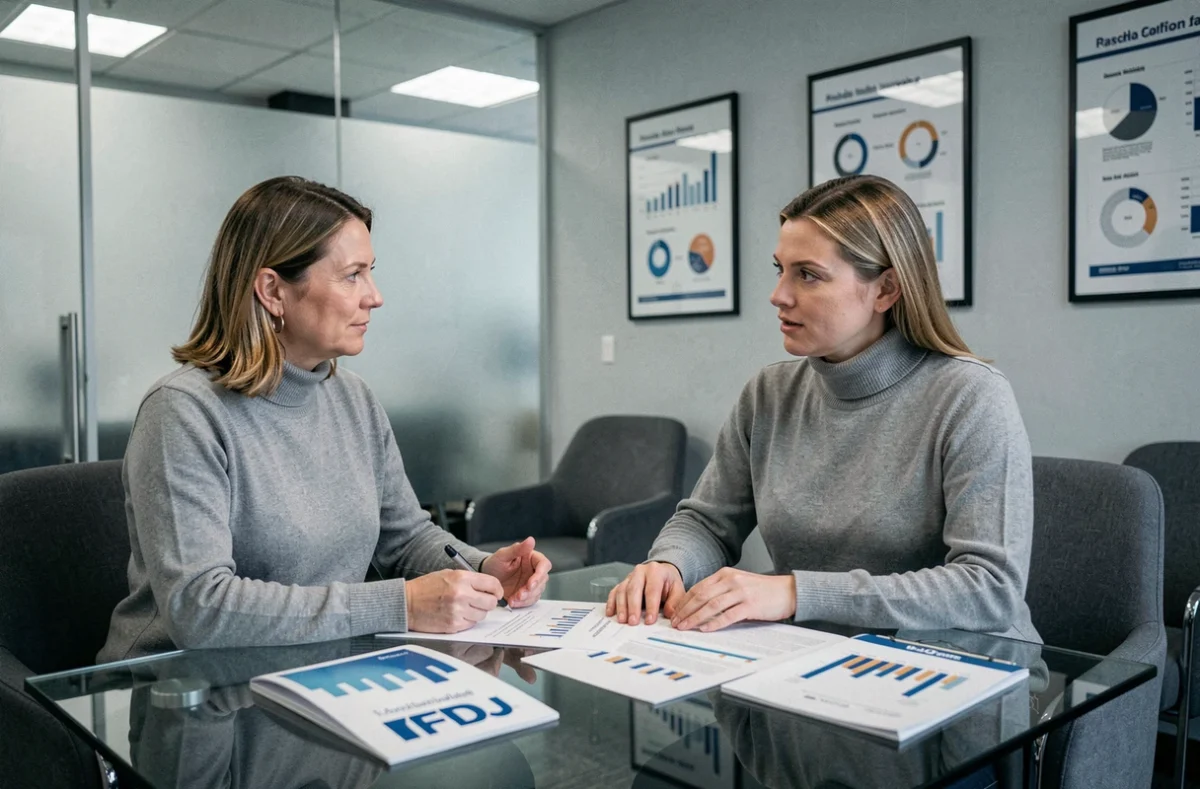 Femme épargnante consultant un conseiller financier sur les dividendes FDJ dans une agence bancaire moderne