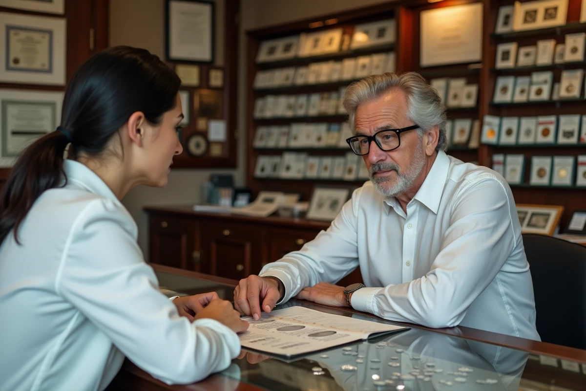 Femme consultant un expert numismate dans une boutique spécialisée pour évaluer une pièce de 50 Francs 1977 en argent, avec guide de prix ouvert sur le comptoir