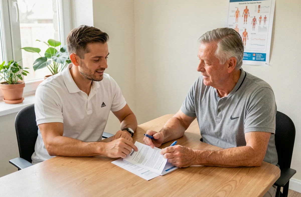 Un professionnel de santé et un patient discutant du remboursement du sport sur ordonnance par une mutuelle, dans un cabinet médical