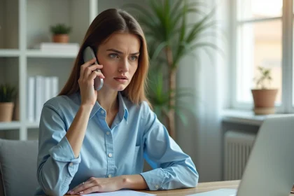 Femme au téléphone essayant de joindre le service client Boursorama sans passer par le chat