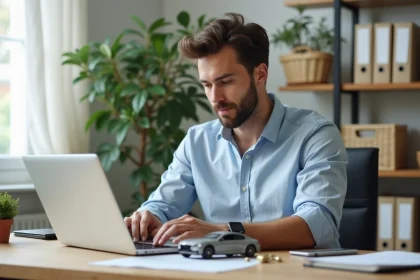 Homme contactant Cofidis en ligne depuis son bureau à domicile pour un projet auto ou travaux