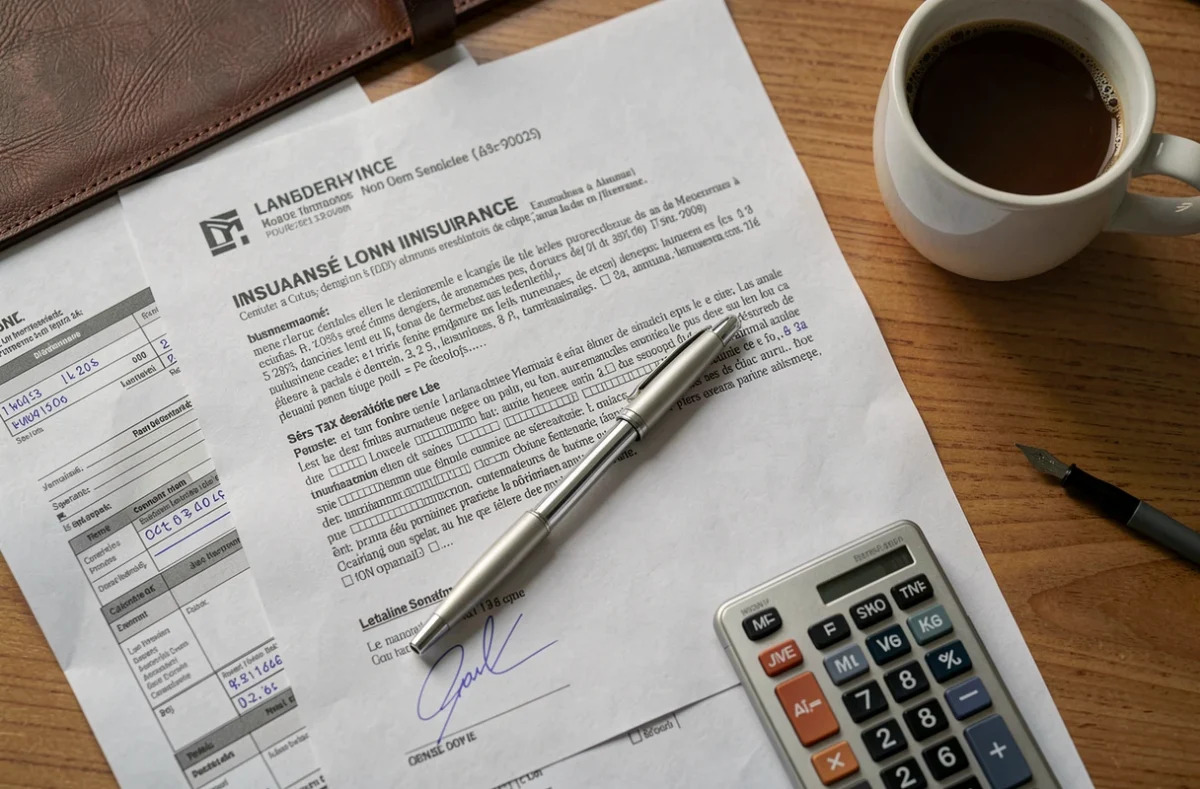 Documents de contrat d'assurance emprunteur et déclaration fiscale des revenus fonciers posés sur un bureau