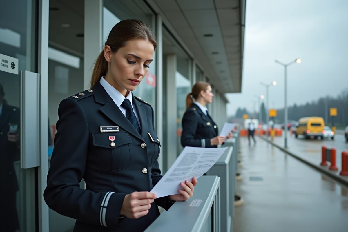 Agente des douanes suisses en uniforme contrôlant une déclaration de marchandises à un poste frontière entre la France et la Suisse