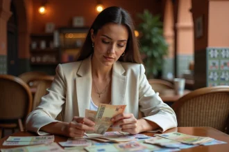 Femme examinant des billets en dirhams marocains et en euros sur une table de café à Marrakech