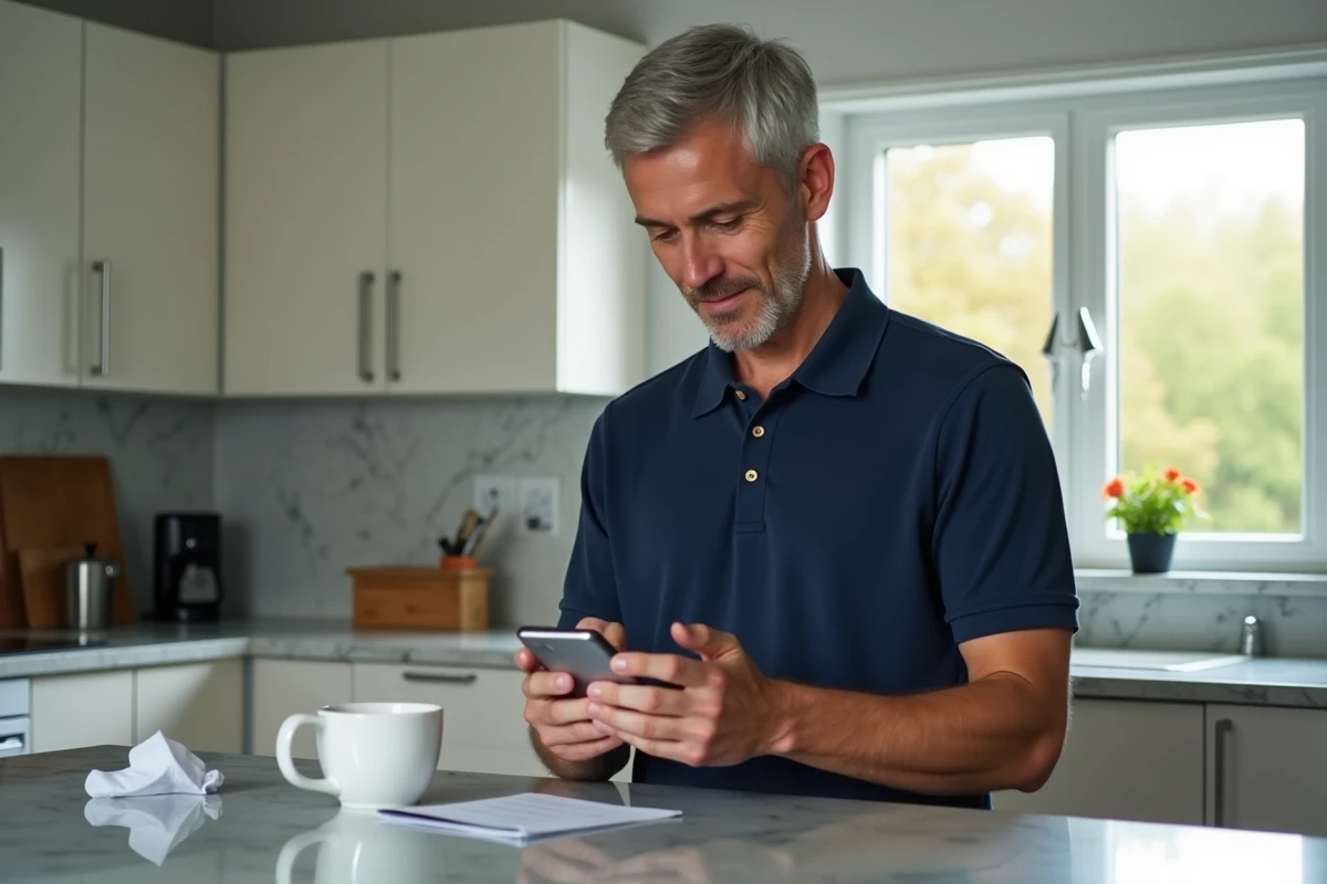 Homme convertissant des heures en centièmes sur son smartphone dans une cuisine à domicile
