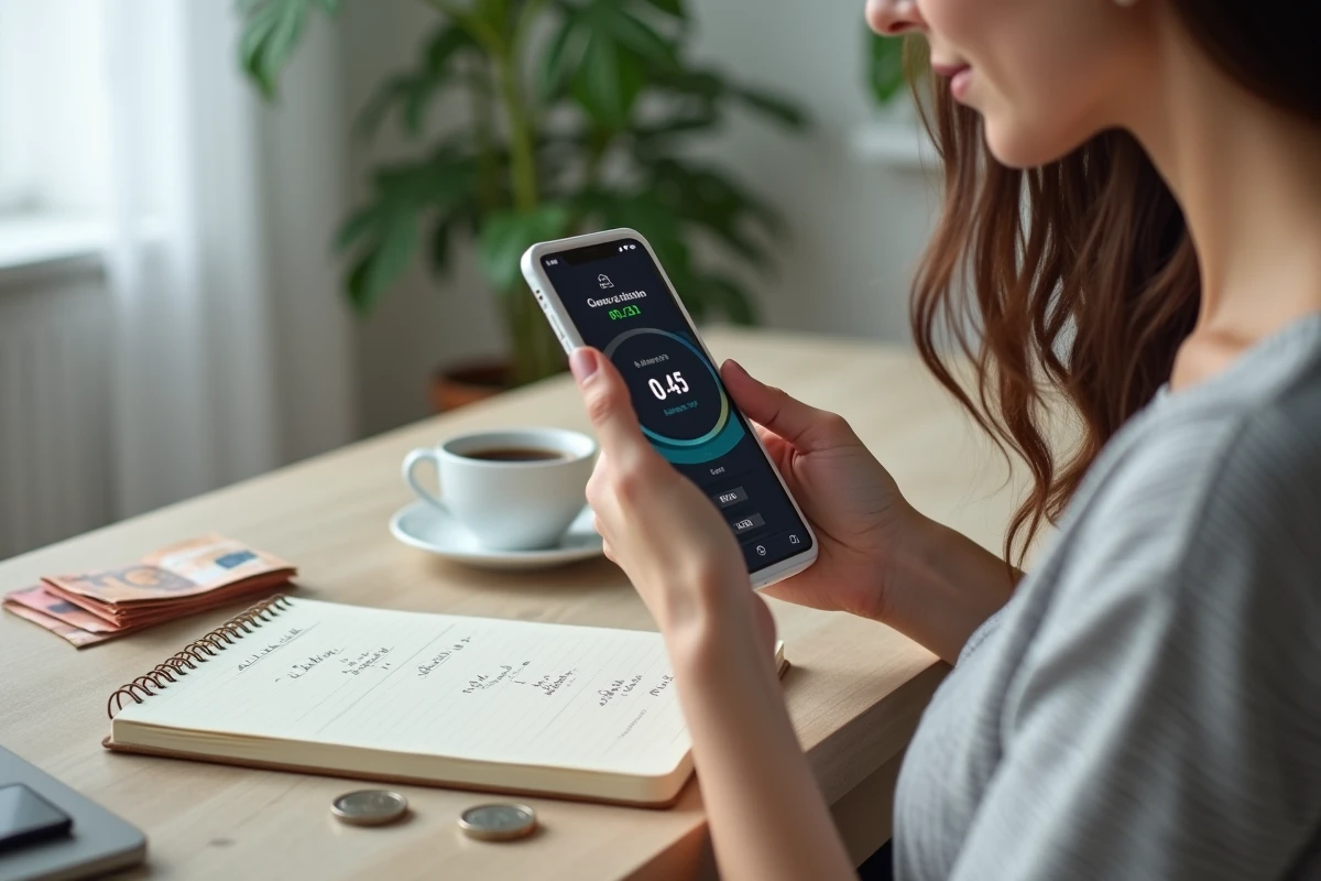 Jeune femme consultant un convertisseur dirham euro sur smartphone à son bureau d'appartement