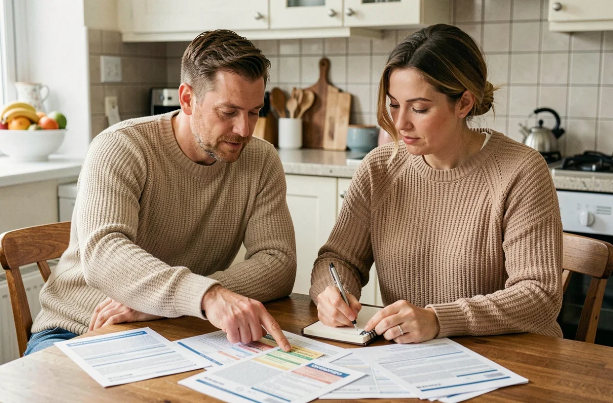 Couple examinant et comparant plusieurs devis d'assurance automobile sur une table de cuisine