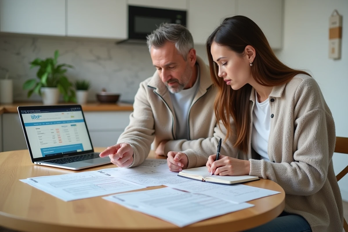 Couple comparant des offres de prêt immobilier à la maison pour trouver le meilleur taux bancaire