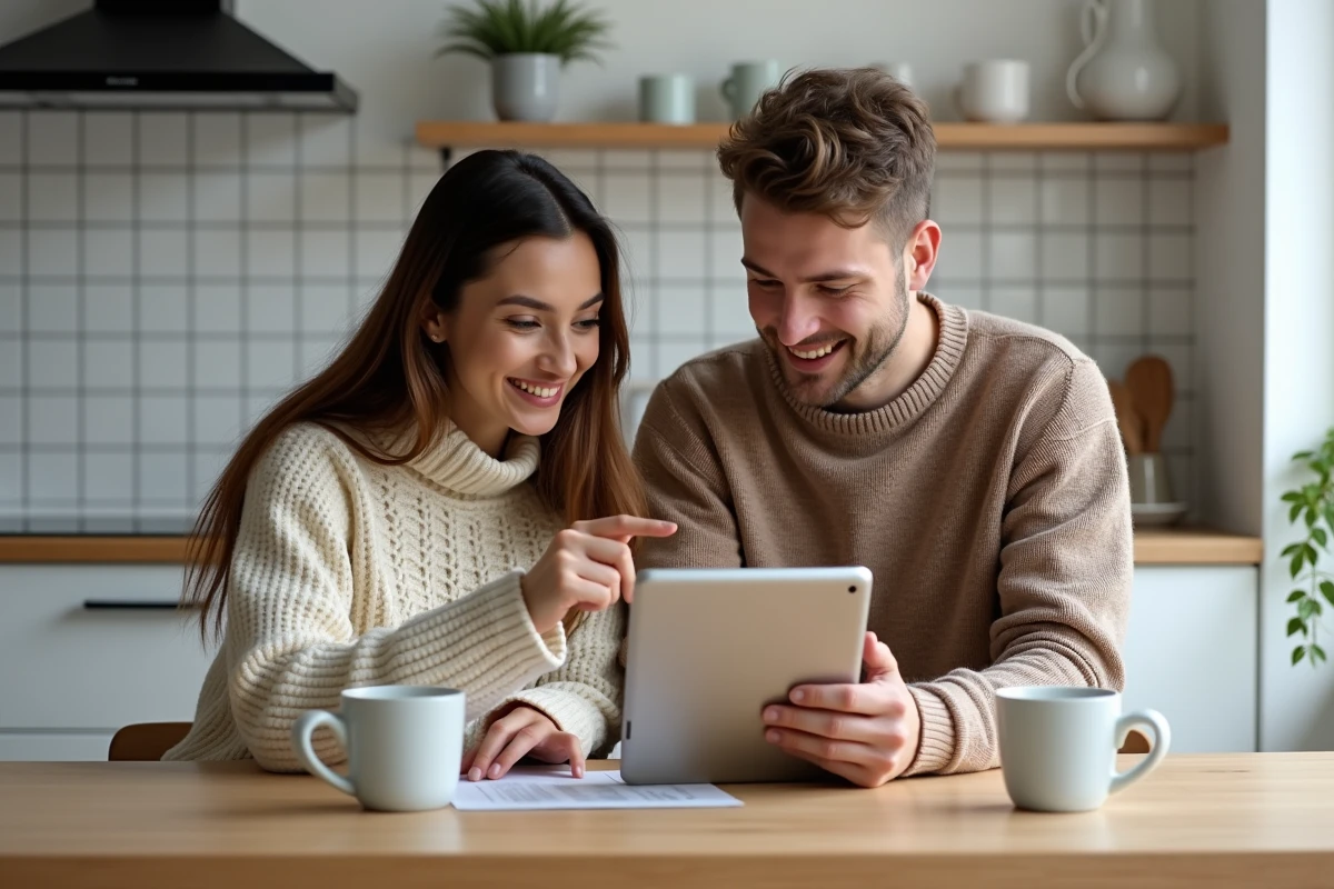 Couple examinant ensemble un tableau comparatif de salaires nets suisses sur une tablette dans une cuisine moderne
