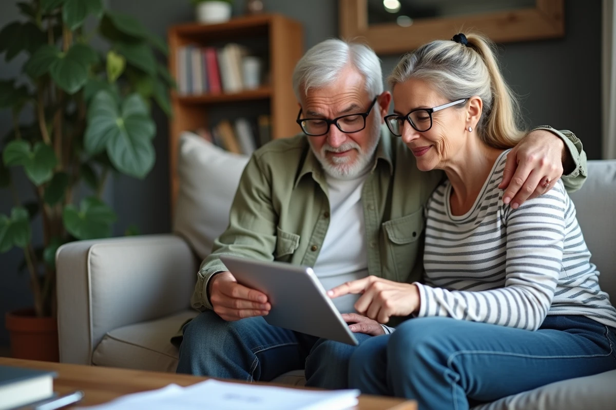 Couple remplissant la déclaration Cerfa 2042 RICI en ligne sur tablette pour maximiser les avantages fiscaux services à la personne