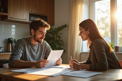 Jeune couple vérifiant factures d énergie dans une maison moderne