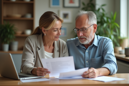 Couple d'âge moyen discutant de finances à la maison