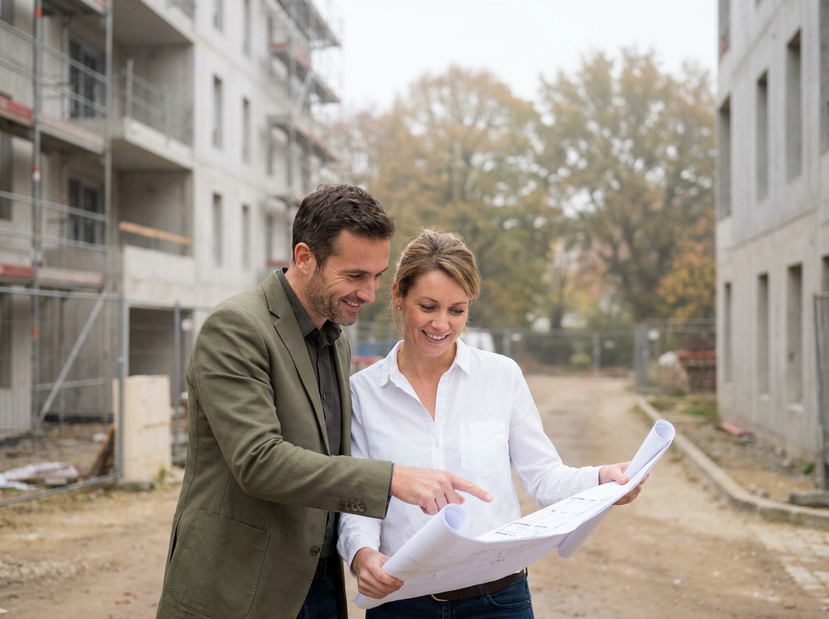 Couple de fonctionnaires examinant les plans de leur projet immobilier devant un chantier