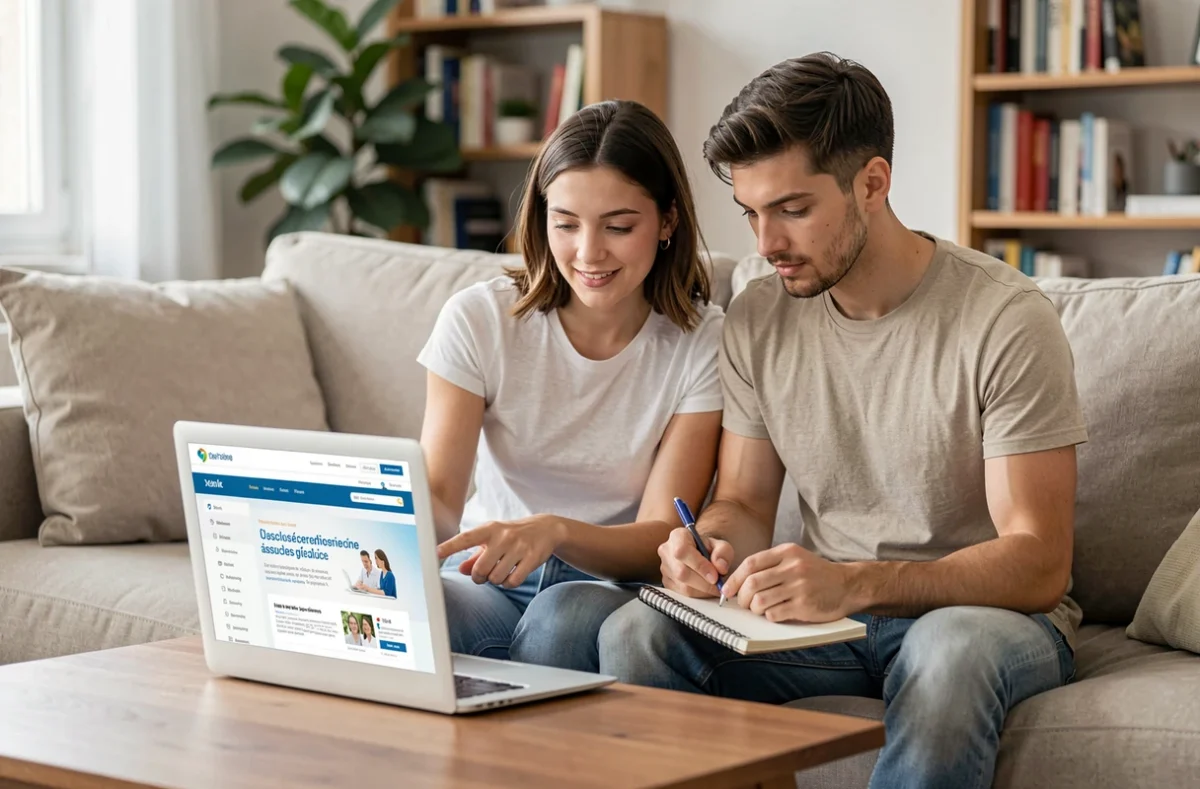 Couple cherchant une aide financière pour leur mutuelle santé sur un ordinateur portable