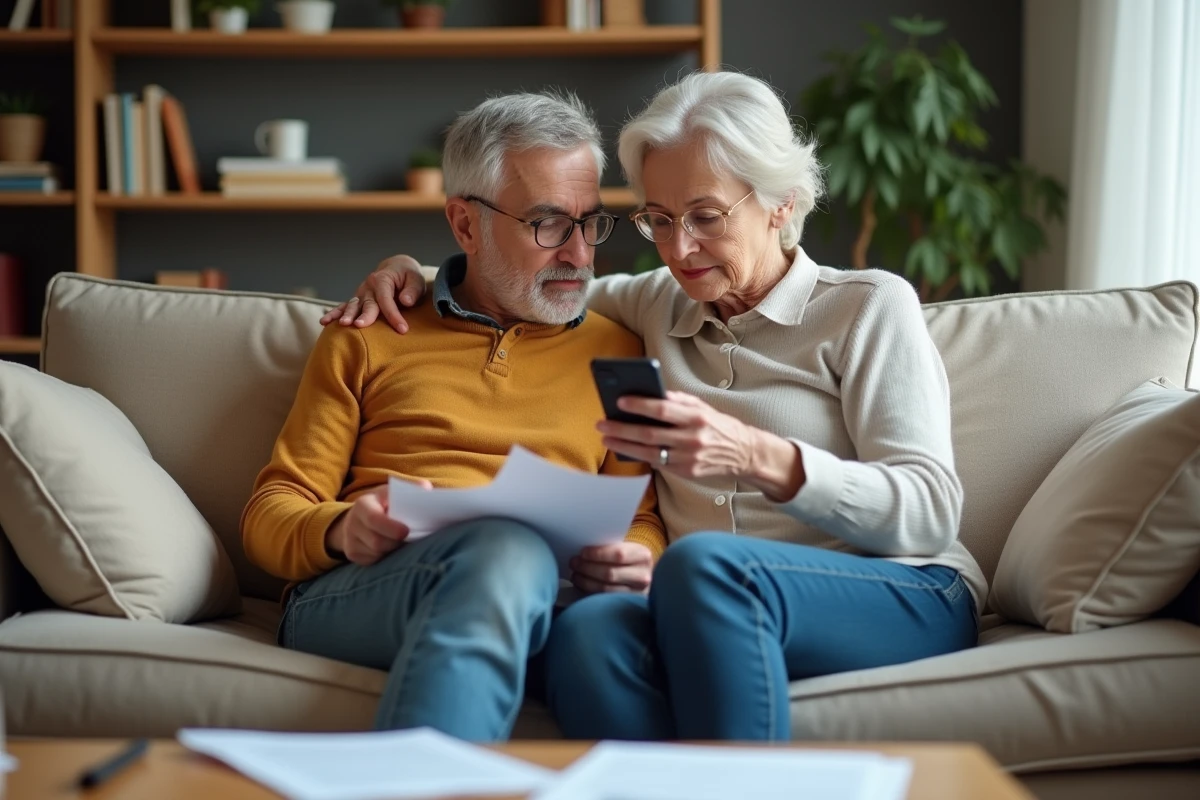 Couple cherchant le numéro gratuit de Cofidis sur un document dans le salon
