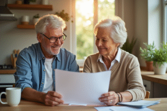 Couple souriant à la maison consulte des papiers de pension