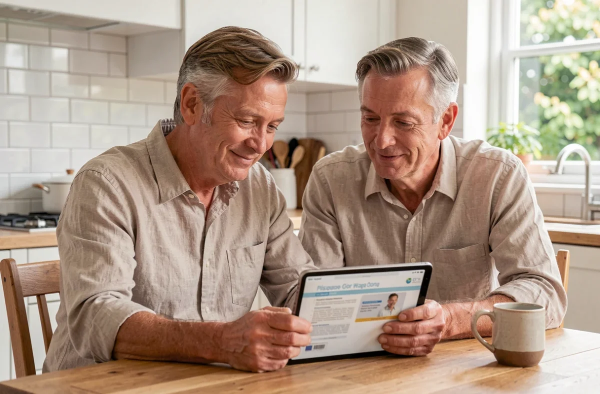 Couple senior comparant des offres de mutuelle santé sur tablette dans leur cuisine