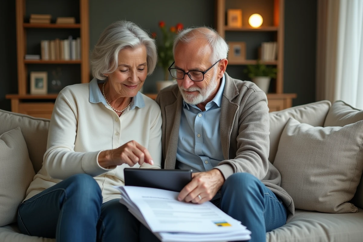 Couple de seniors consultant leurs services bancaires Crédit Agricole Calanguedoc en ligne depuis leur salon