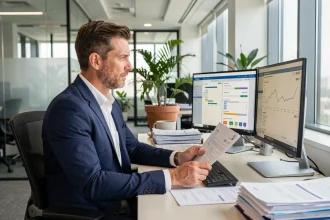 Courtier AXA travaillant sur un logiciel de courtage sur double écran dans un bureau professionnel moderne