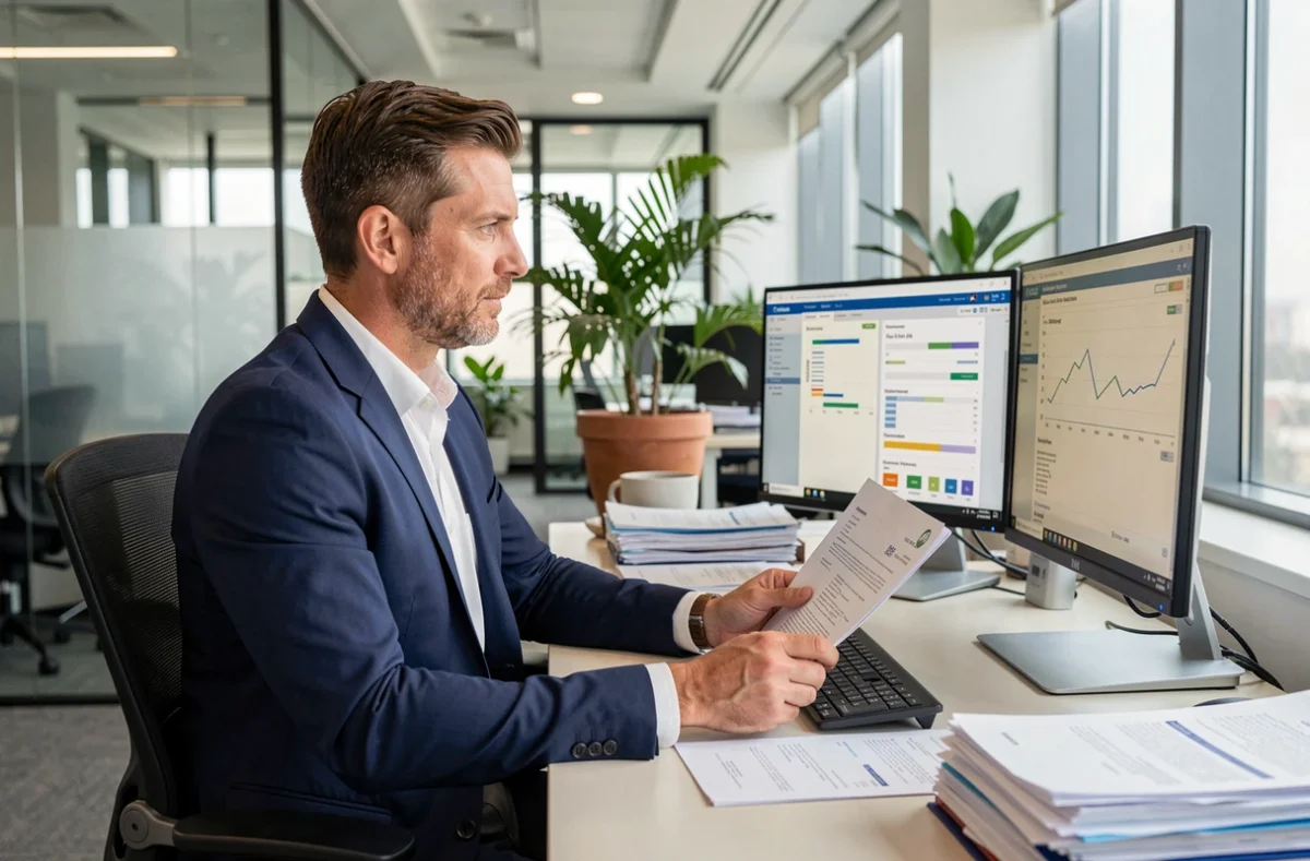 Courtier AXA travaillant sur un logiciel de courtage sur double écran dans un bureau professionnel moderne