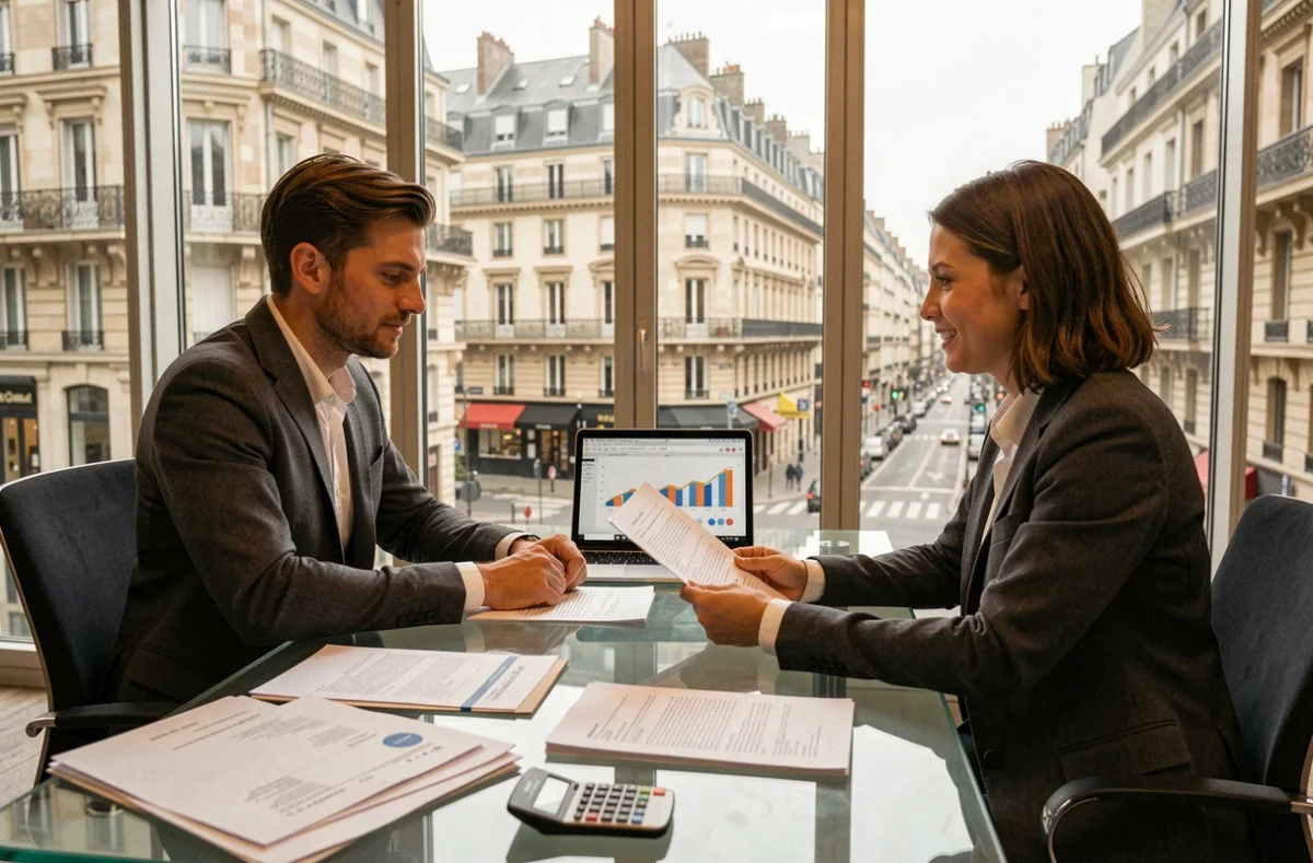 Courtier en crédit immobilier en Nouvelle-Aquitaine conseillant un couple dans un bureau moderne à Bordeaux