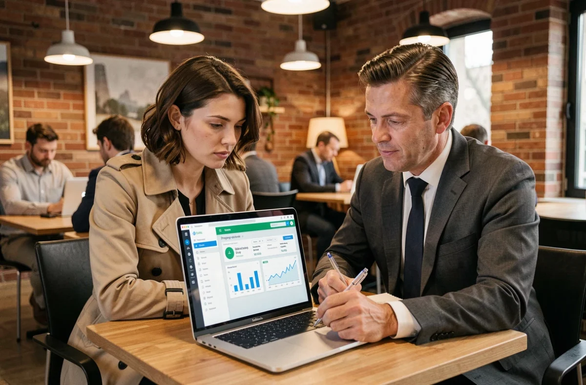 Deux courtiers AXA collaborant sur un portail de gestion de courtage dans un espace de co-working moderne