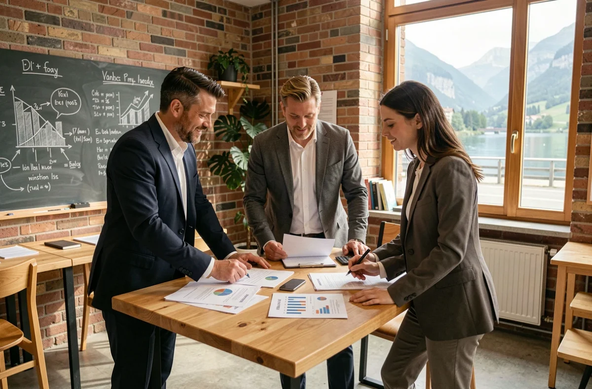 Courtiers financiers indépendants du bassin annécien collaborant autour de dossiers d'investissement dans un espace de coworking