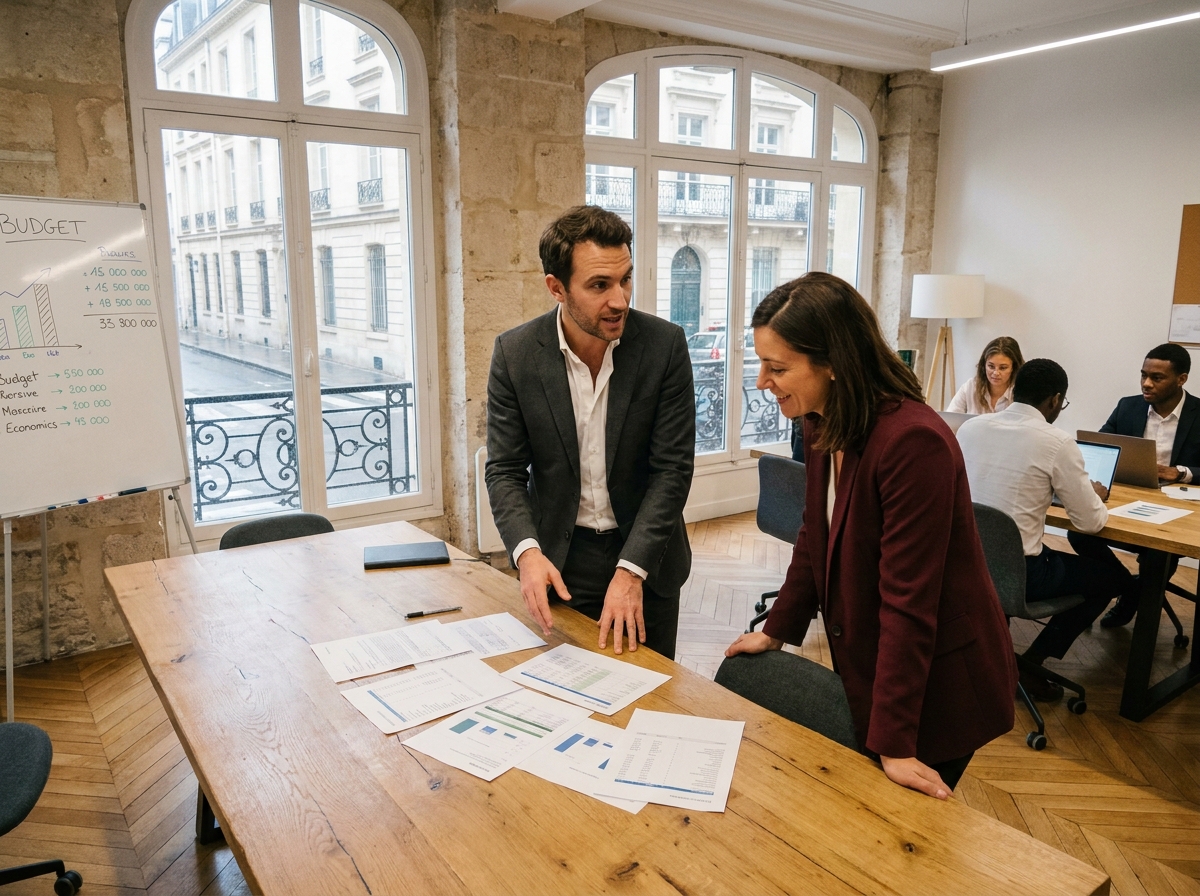 Deux professionnels discutant de comptabilité d'entreprise dans un espace de coworking parisien au style haussmannien