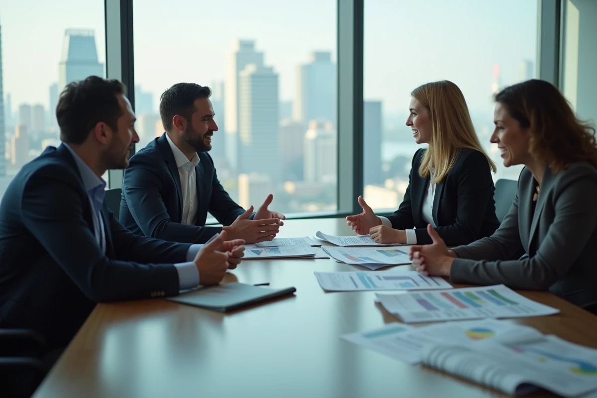 Groupe de professionnels en réunion débattant autour de rapports financiers liés aux salaires dans l'industrie des médias