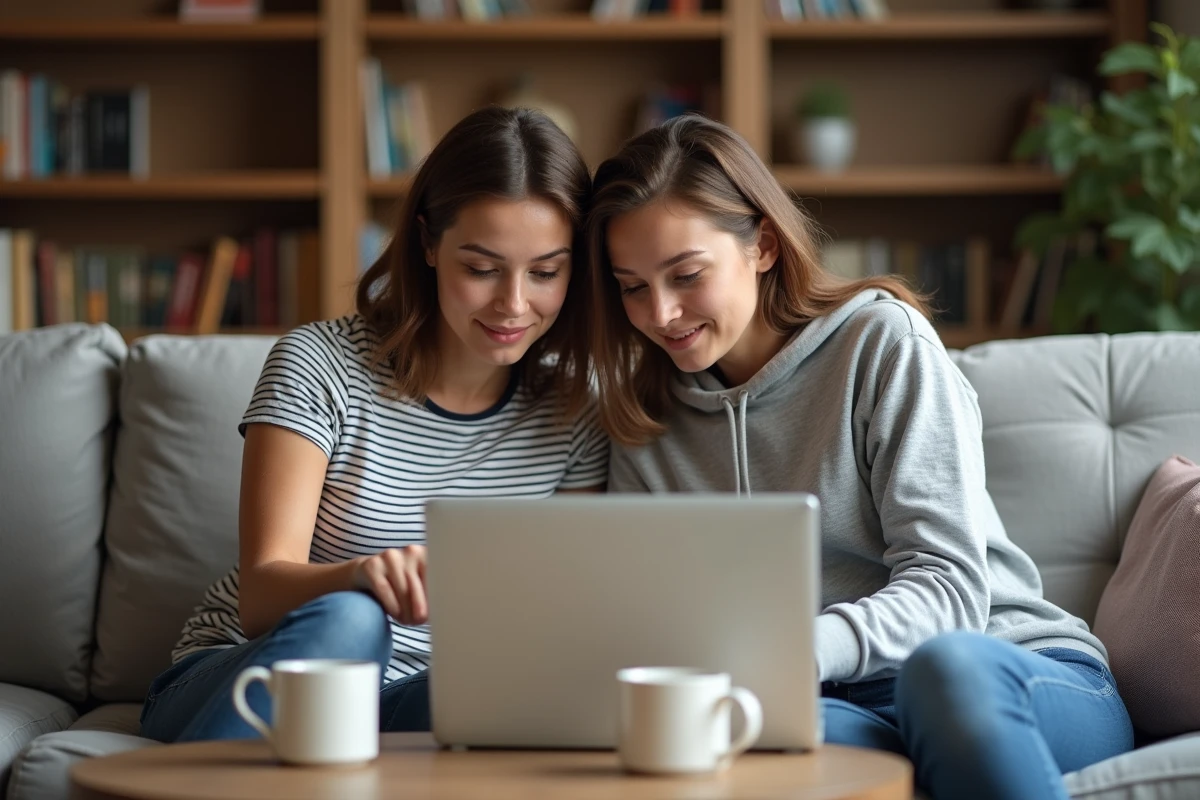 Deux femmes comparant des offres de cashback et bons de réduction sur un ordinateur portable dans un salon