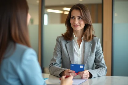 Femme tenant une carte bancaire bloquée au guichet d'une banque pour procéder au déverrouillage avec un conseiller