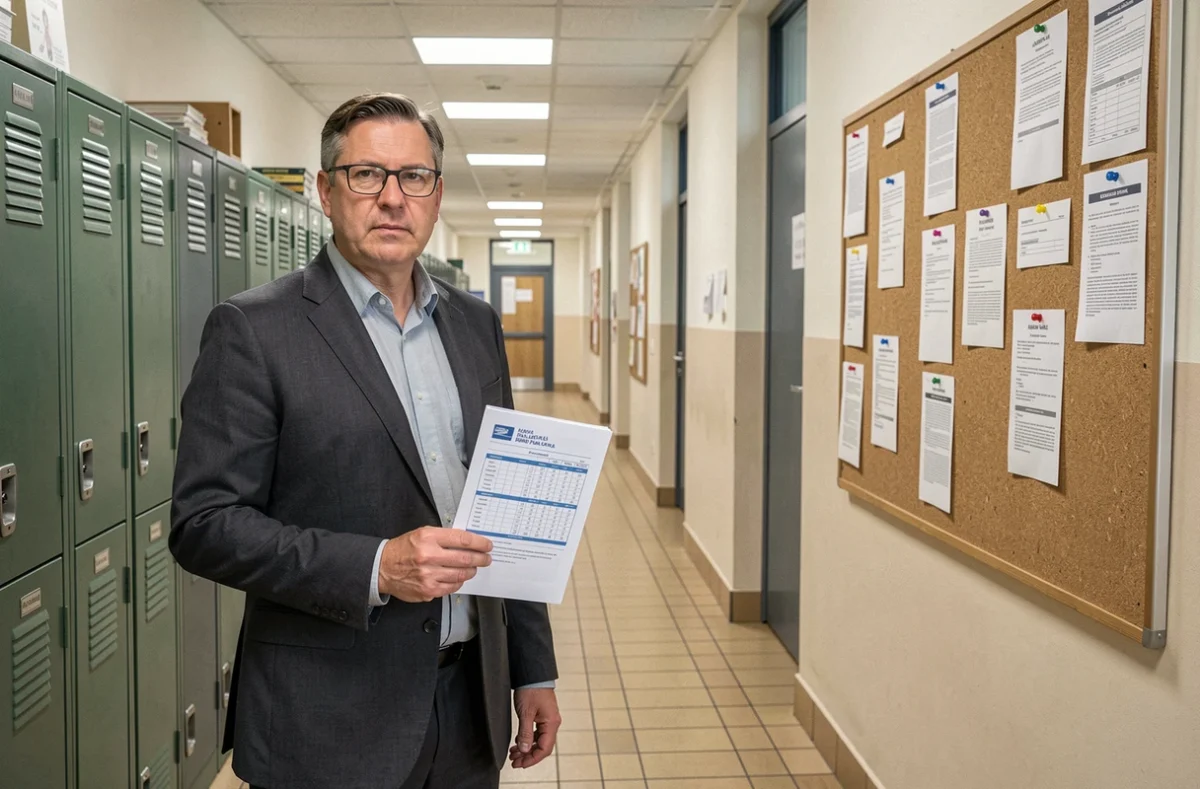 Directeur d'école en couloir tenant un calendrier de versement des salaires de la fonction publique éducative 2026