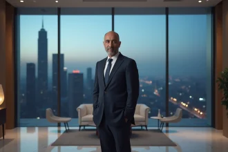 Dirigeant de club de football en costume sombre dans un bureau exécutif moderne avec vue sur la ville, évoquant la fortune et le pouvoir dans le football mondial