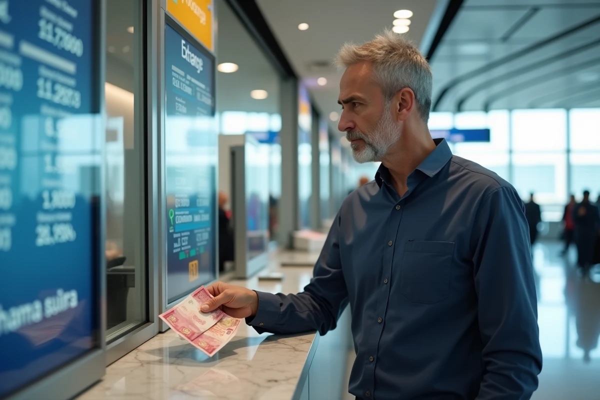 Homme effectuant un échange de dirhams en euros au guichet de change d'un aéroport international