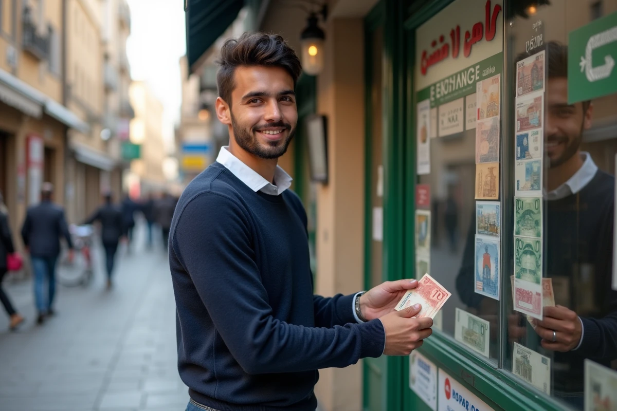 Jeune marocain échangeant des dirhams à un bureau de change