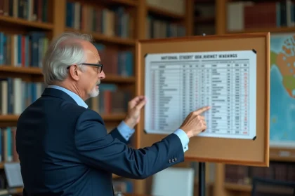Économiste analysant un classement de la dette nationale sur un tableau dans un bureau universitaire rempli de livres