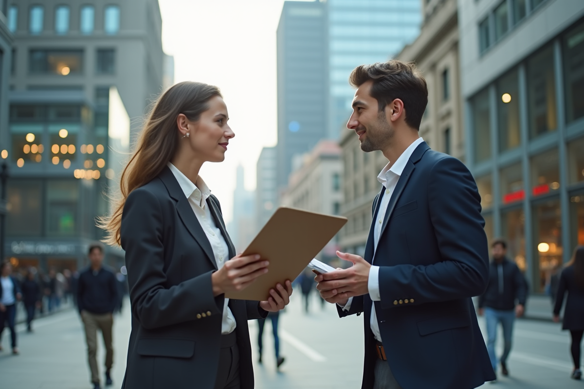 Jeune économiste discutant en extérieur dans un quartier financier