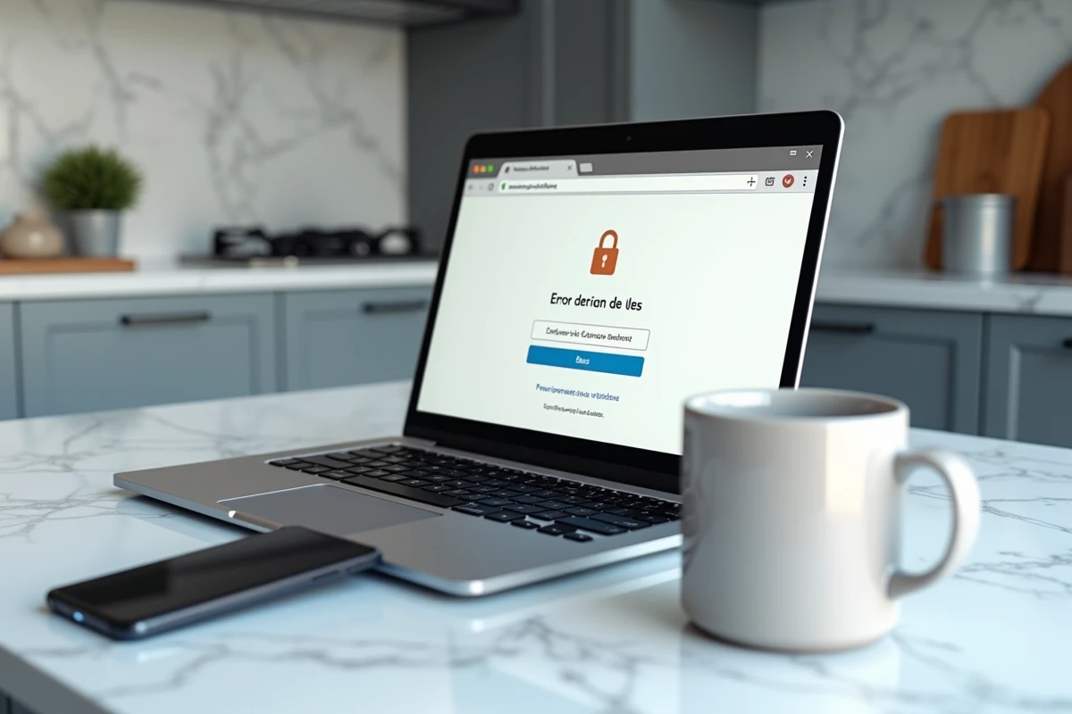 Ordinateur portable affichant une erreur de connexion sur un site bancaire posé sur un comptoir de cuisine en marbre