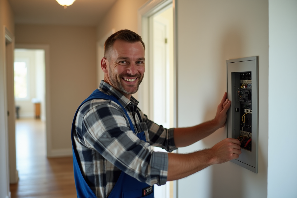 Électricien installant un nouveau panneau électrique dans une maison lumineuse