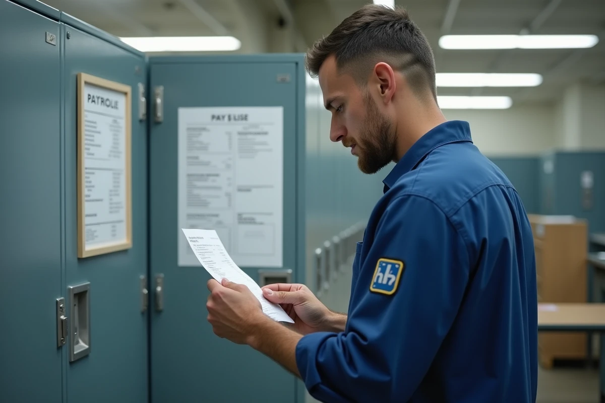 Employé en tenue de travail consultant sa fiche de paie dans la salle de pause d'un entrepôt