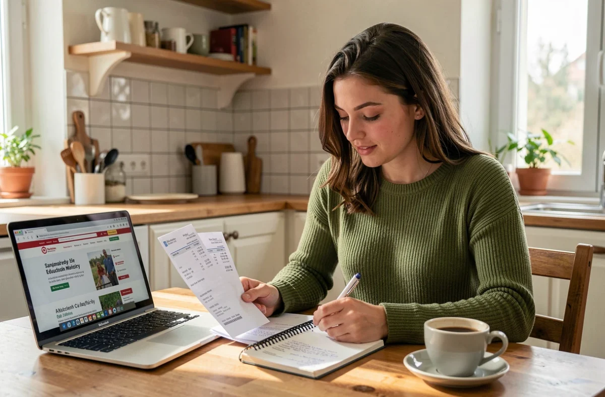 Jeune enseignante comparant ses bulletins de salaire à domicile pour identifier une erreur de paie